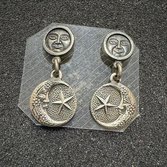 Vintage Sterling Silver Crescent Moon and Star Dangle Earrings - Picture 2 of 7